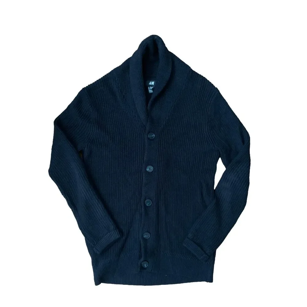 H&M Men's Navy Blue Black Ribbed Shawl Collar Cardigan Sweater Size Extra Small